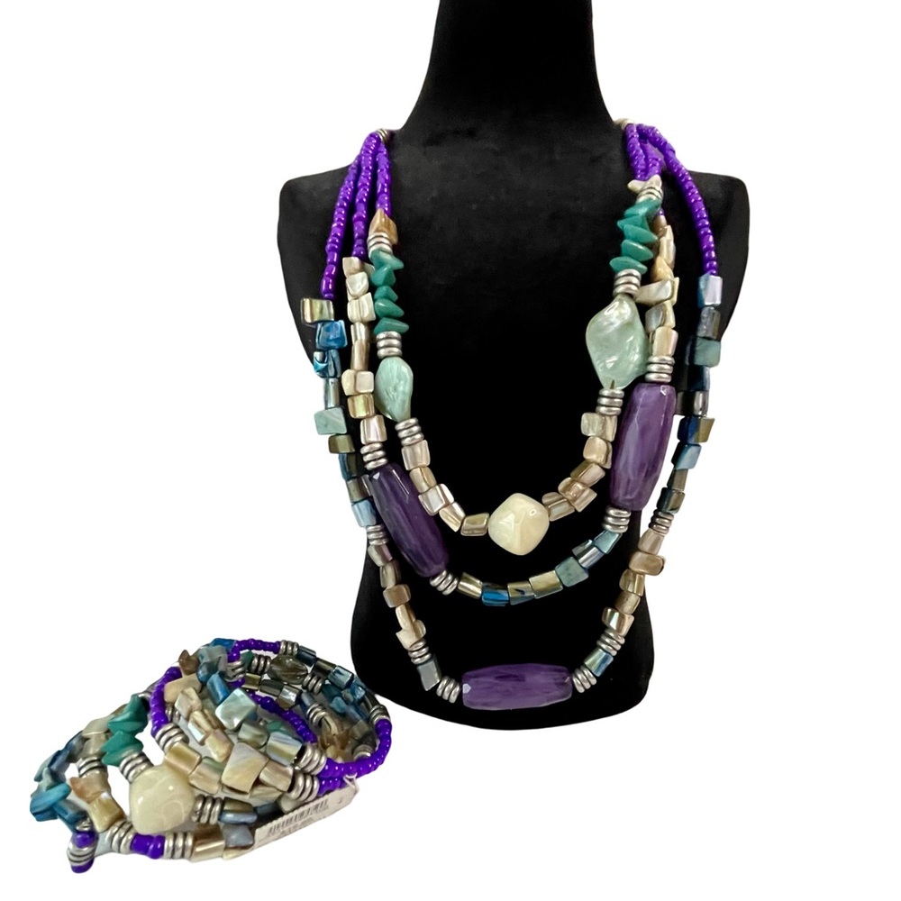Chico’s Triple Strand Beaded Green Purple Adjustable Necklace, Coil Bracelet Set
